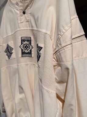 Vintage Cream Street Scenes Crewneck Sweatshirt with Black Graphic Patches